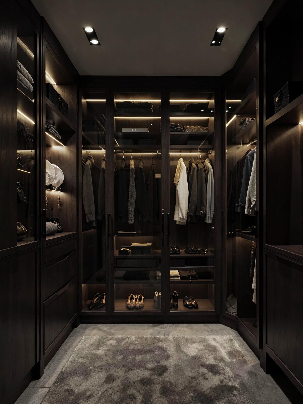 Interior de closet com iluminação embutida